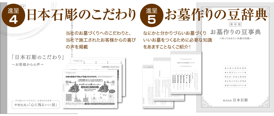 日本石彫カタログ「日本石彫のこだわり」「お墓作りの豆辞典」